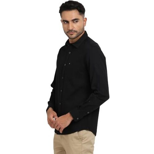 Turtle Men 100% Cotton Black Self Design Slim Fit Casual Shirt