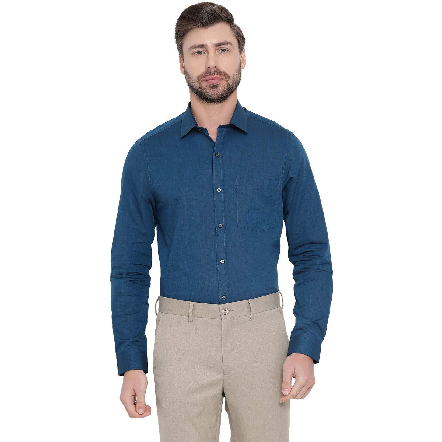 Turtle Men 100% Cotton Blue Solid Slim Fit Formal Shirt