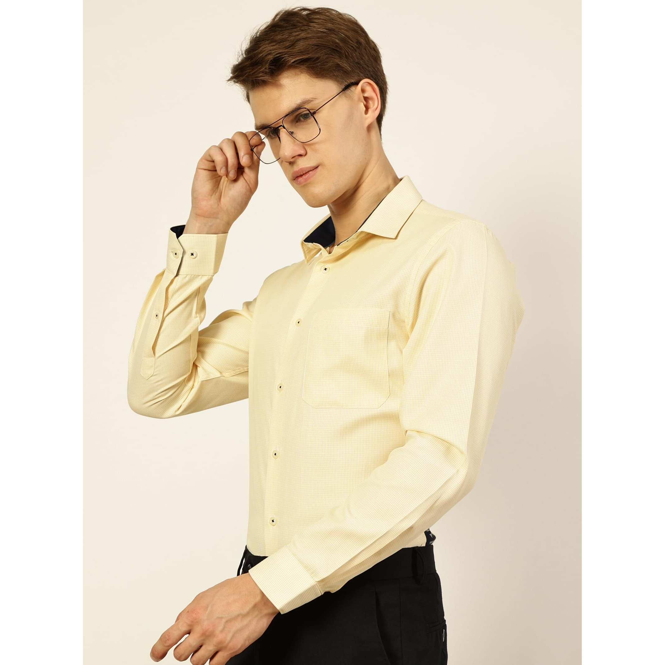 Men's Smart Micro Checks Opaque Formal Shirt(Ts1511_Yellow_L)