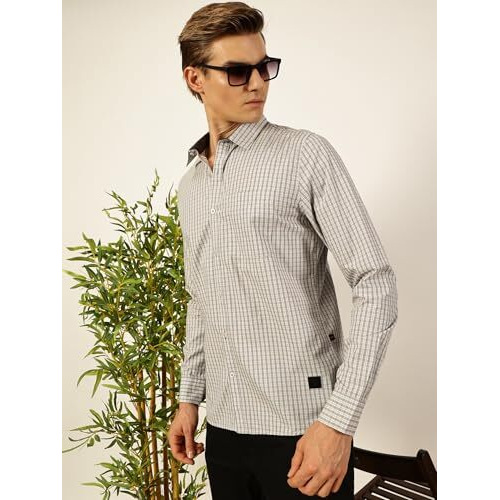 Thomas Scott Mens Slim Fit 100% Cotton Full Sleeves Checkered Casual Shirt (Ntss02_Grey, S)