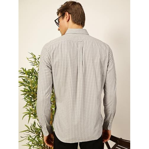 Thomas Scott Mens Slim Fit 100% Cotton Full Sleeves Checkered Casual Shirt (Ntss02_Grey, S)