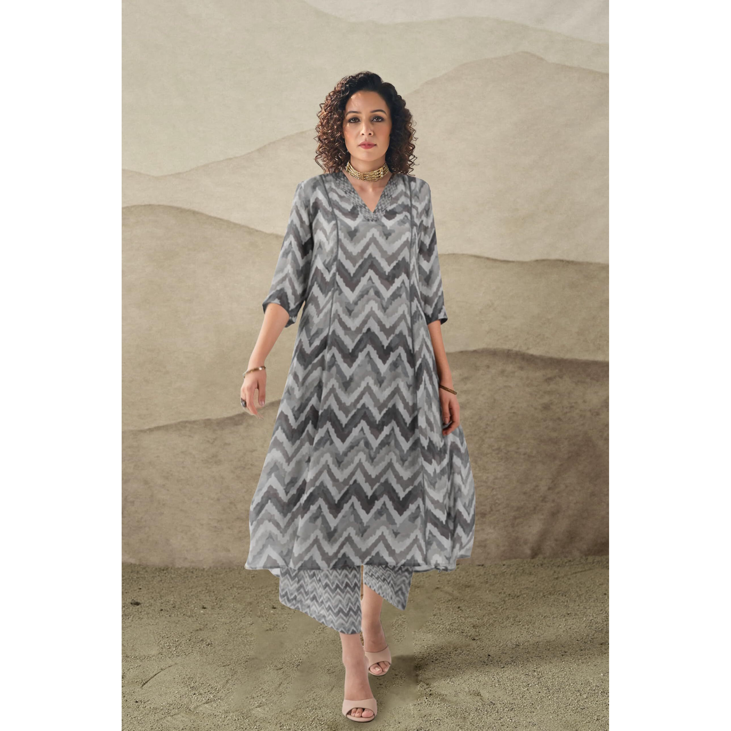 Toochki Co Ord Set For Women | Casual Wear Pant Top Set | Fancy Co-Ord Set | Full Pair Set | Women Kurta Sets Kurtis | Two Piece Co Ord Sets | Coord Sets For Women | Printed Cotton Co Ord Set Grey