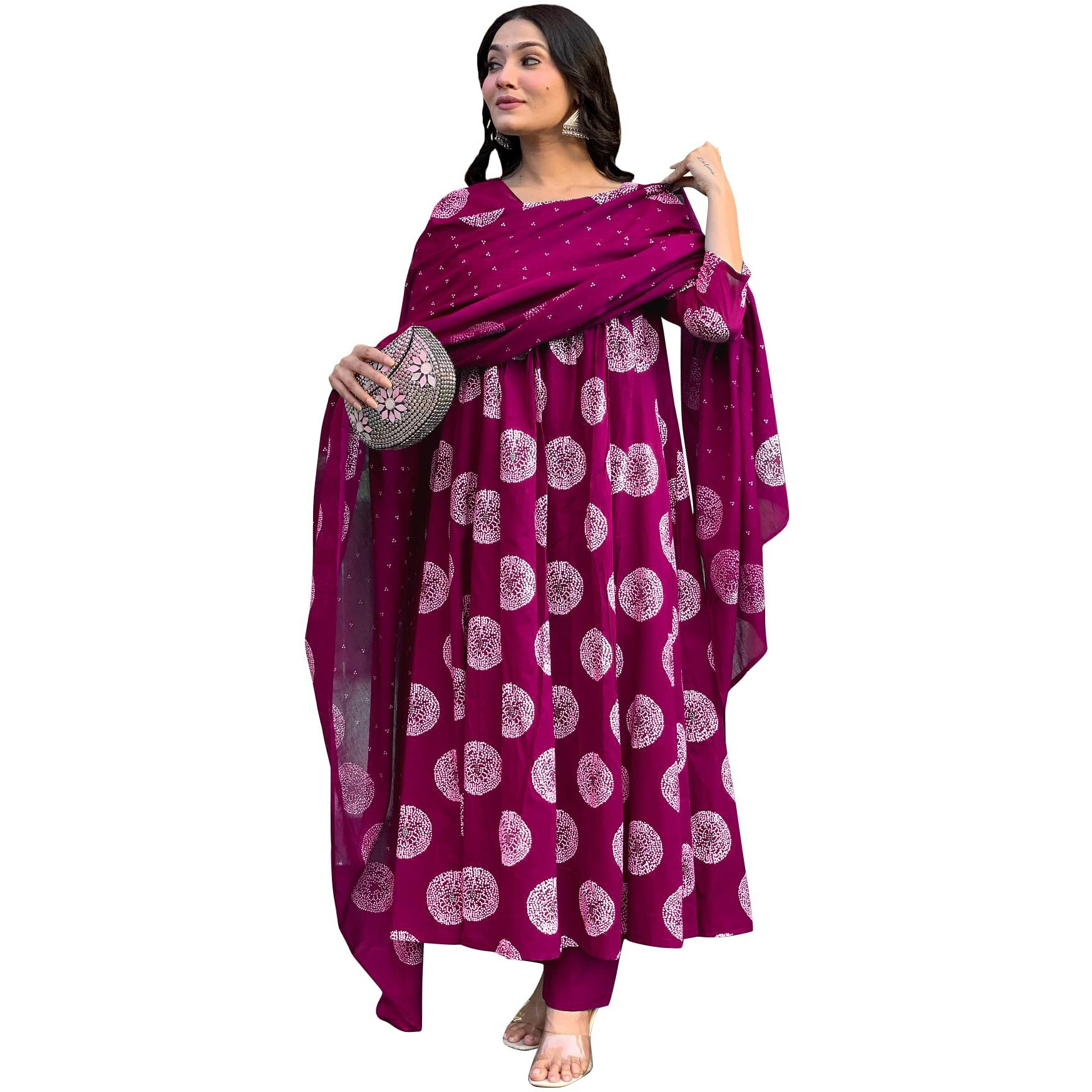 Toochki Women's Rayon Viscose Anarkali Printed Kurta With Palazzo & Dupatta Dark Pink