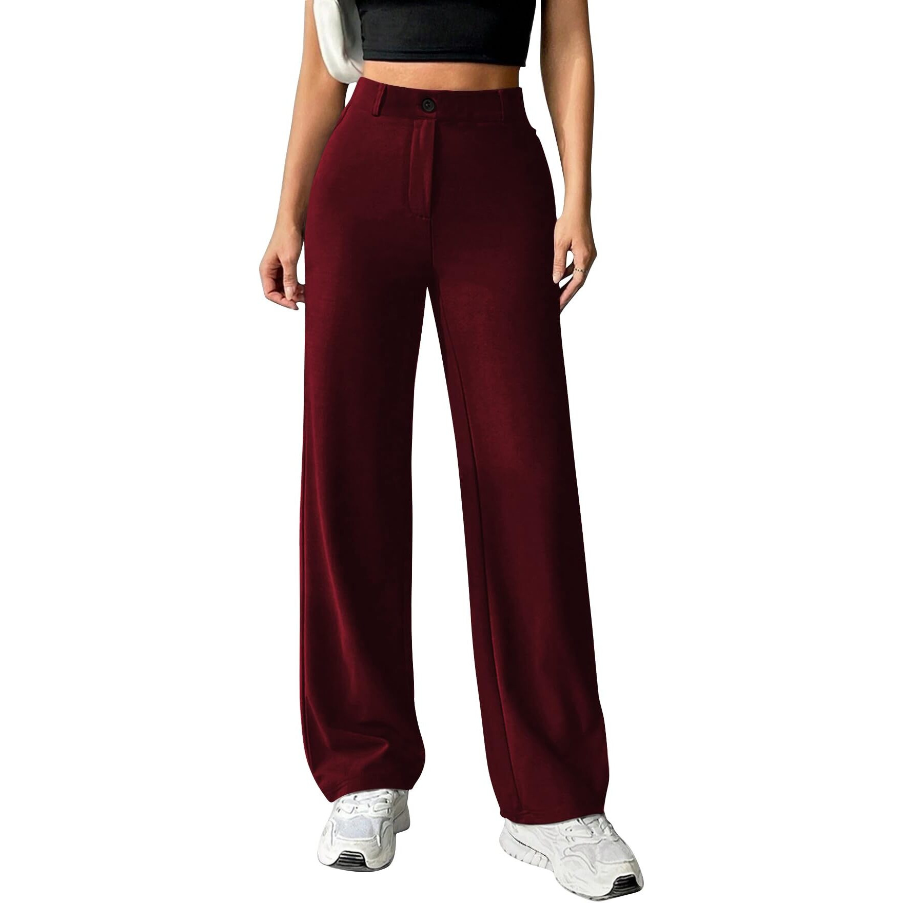 Toochki Straight Pants Trousers For Women With High Waist, Formal Pant For Women Office Wear With Wide Waistband Wine