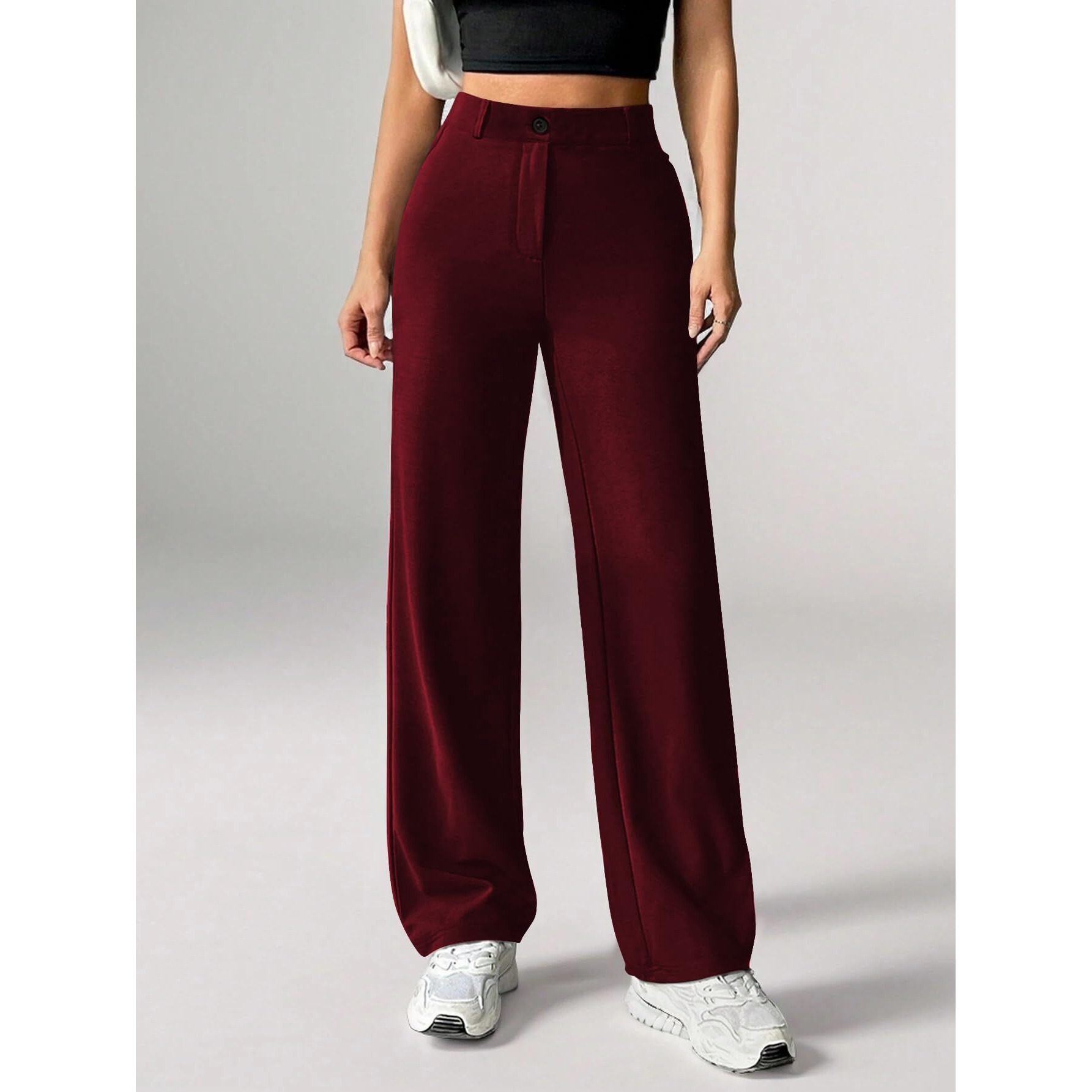 Toochki Straight Pants Trousers For Women With High Waist, Formal Pant For Women Office Wear With Wide Waistband Wine