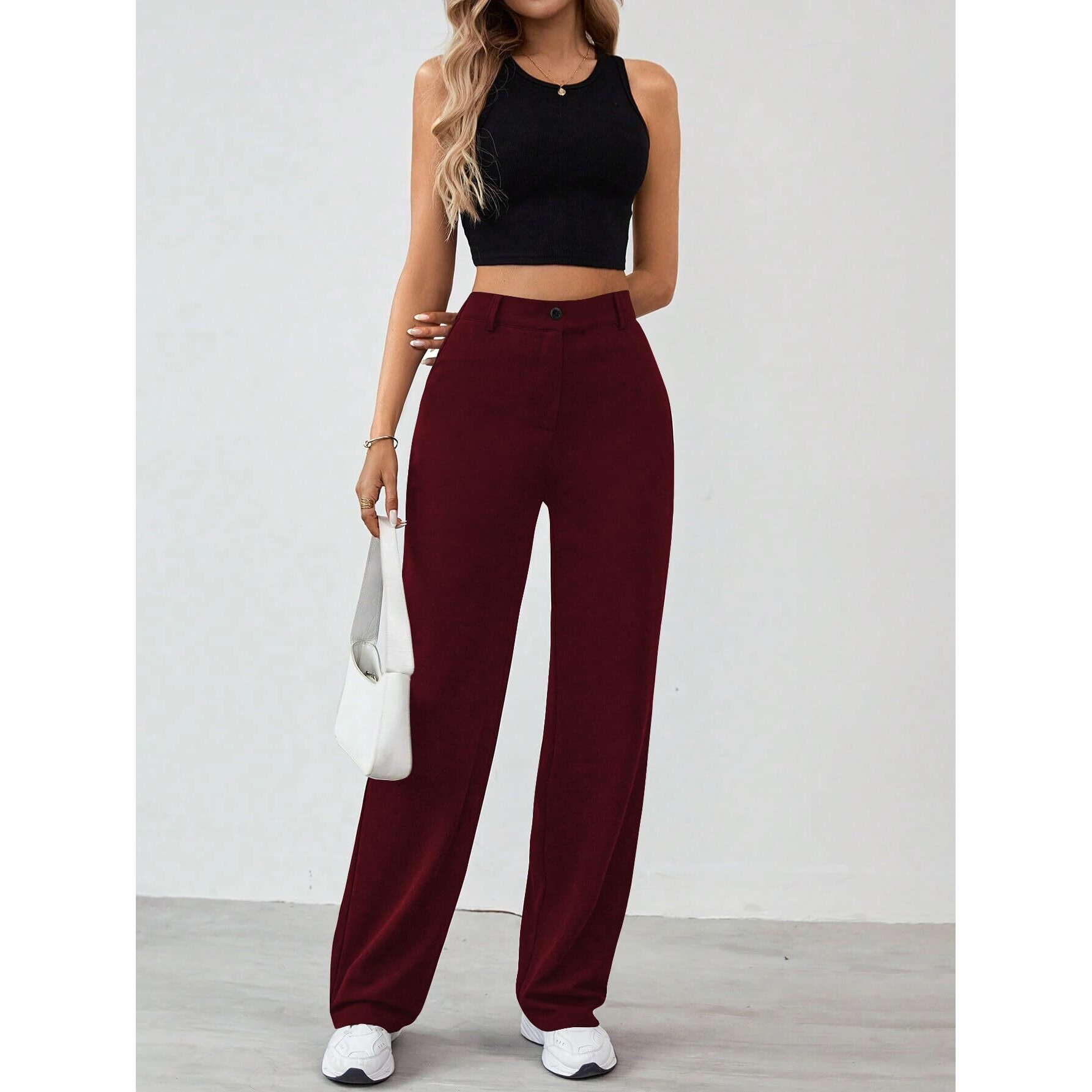 Toochki Straight Pants Trousers For Women With High Waist, Formal Pant For Women Office Wear With Wide Waistband Wine