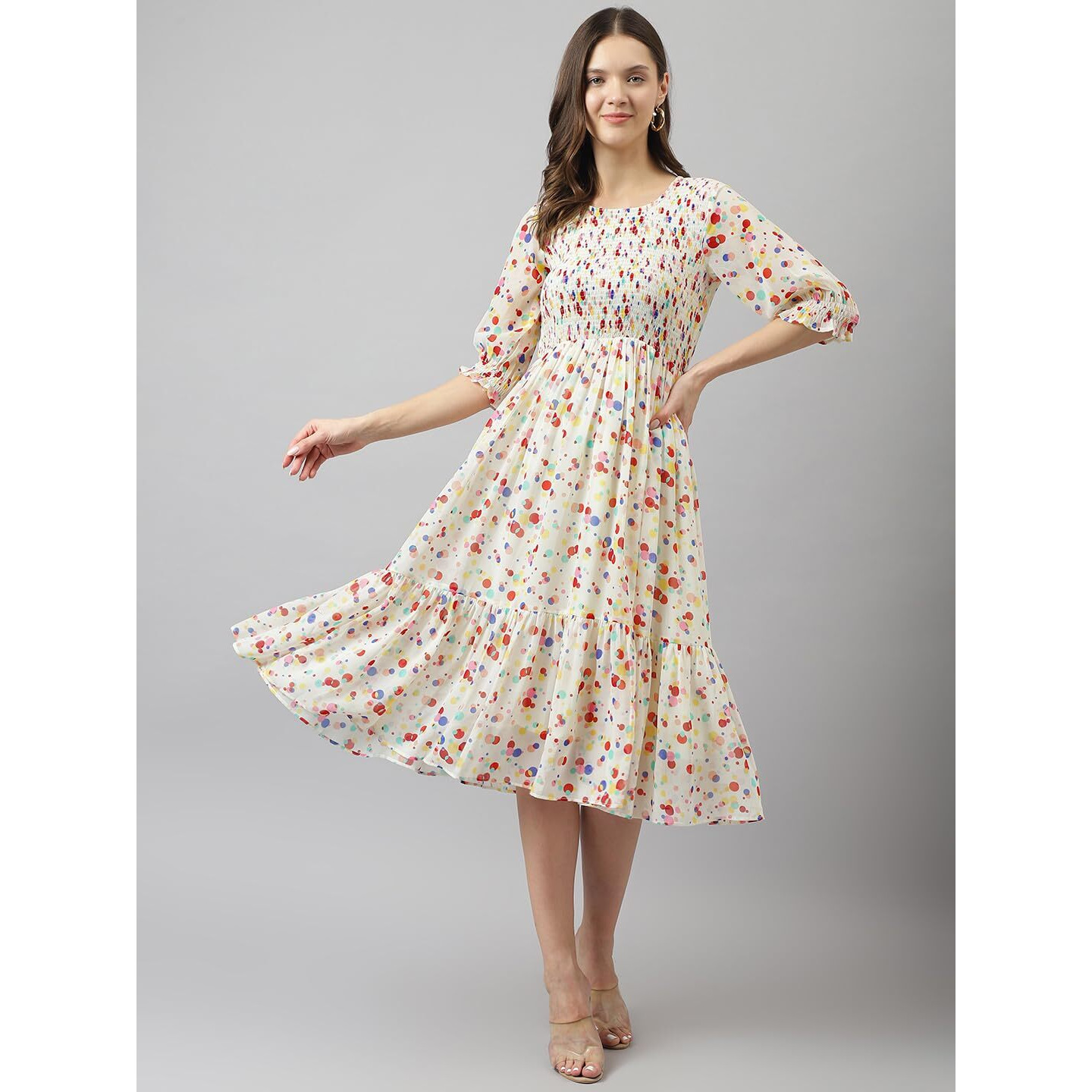 Toochki Women's White Georgette Polka Dot Tiered Western Midi Length A Line Kurti Suitable In Summer Wear Western Latest Trendy Midi Kurti