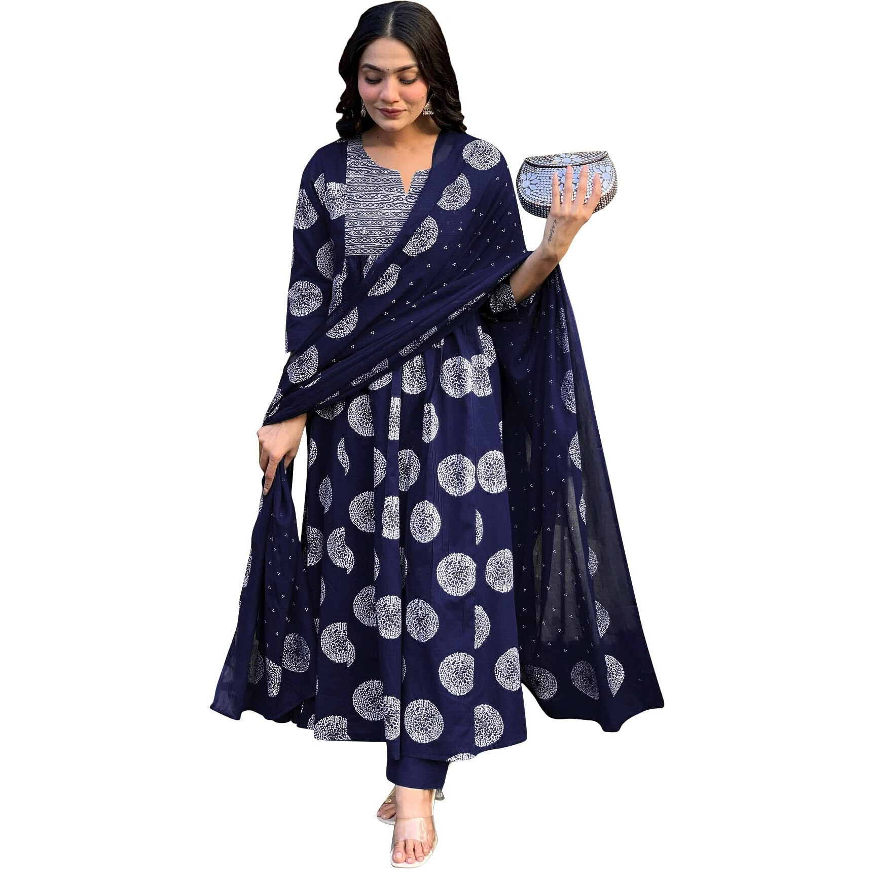 Toochki Gown For Women Wedding | Three Piece Dress For Womens Long | Anarkali Dresses | Ethnic Navy Blue Gowns | Anarakali Suit | Printed With Embroidered | With Dupatta