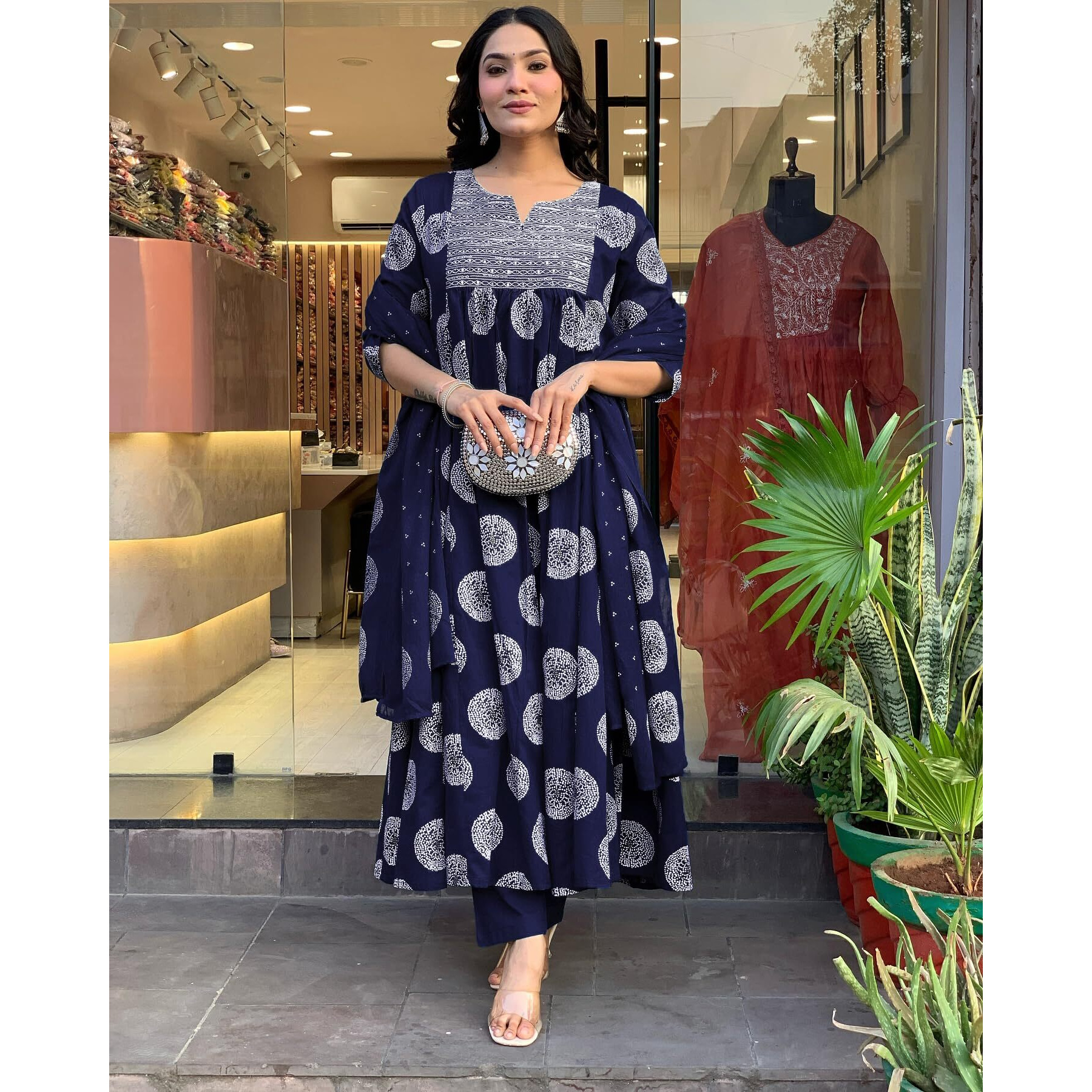 Toochki Gown For Women Wedding | Three Piece Dress For Womens Long | Anarkali Dresses | Ethnic Navy Blue Gowns | Anarakali Suit | Printed With Embroidered | With Dupatta