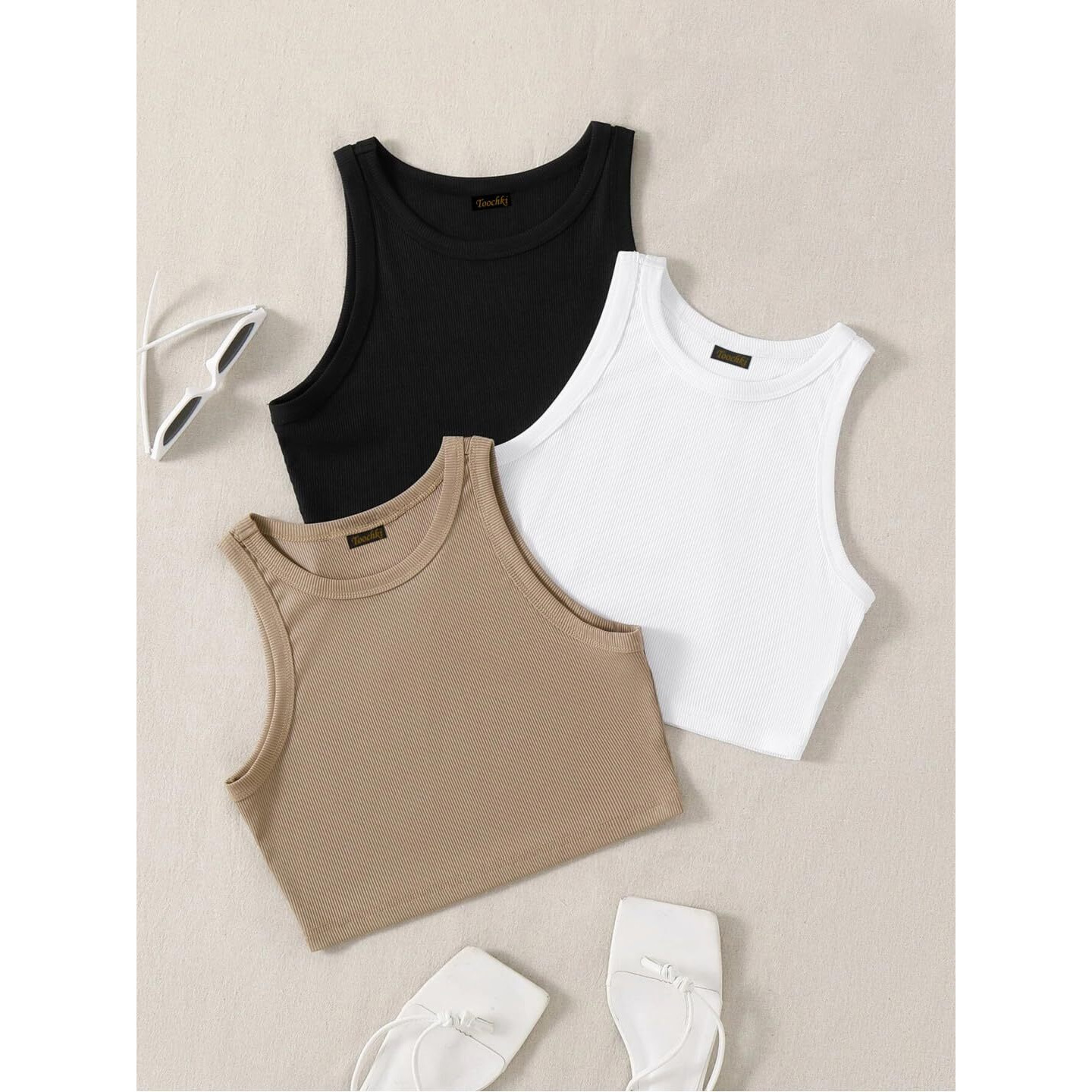 Toochki Tops For Woman | Spandex Top | Crop | Short | Western | For Jeans | Sleeveless | Stretchable | Pack Of Three | Black-White-Beige