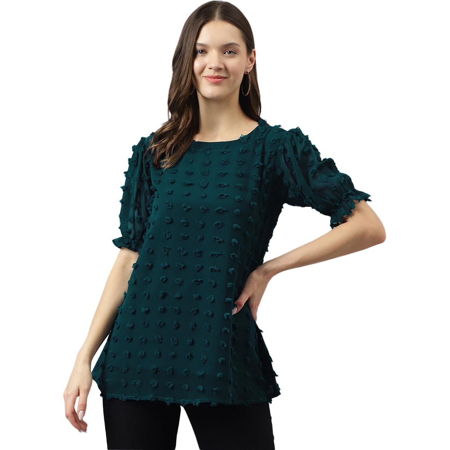 Toochki Women's Teal Blue Dobby Georgette Woven Straight Western Top | Winter Top | Western Top | Top For Women | Latest Women Top | Trendy Women Top