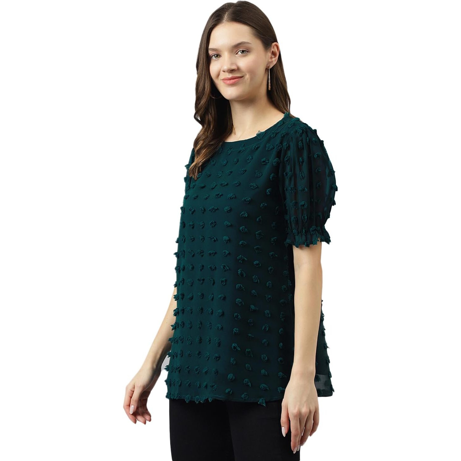 Toochki Women's Teal Blue Dobby Georgette Woven Straight Western Top | Winter Top | Western Top | Top For Women | Latest Women Top | Trendy Women Top