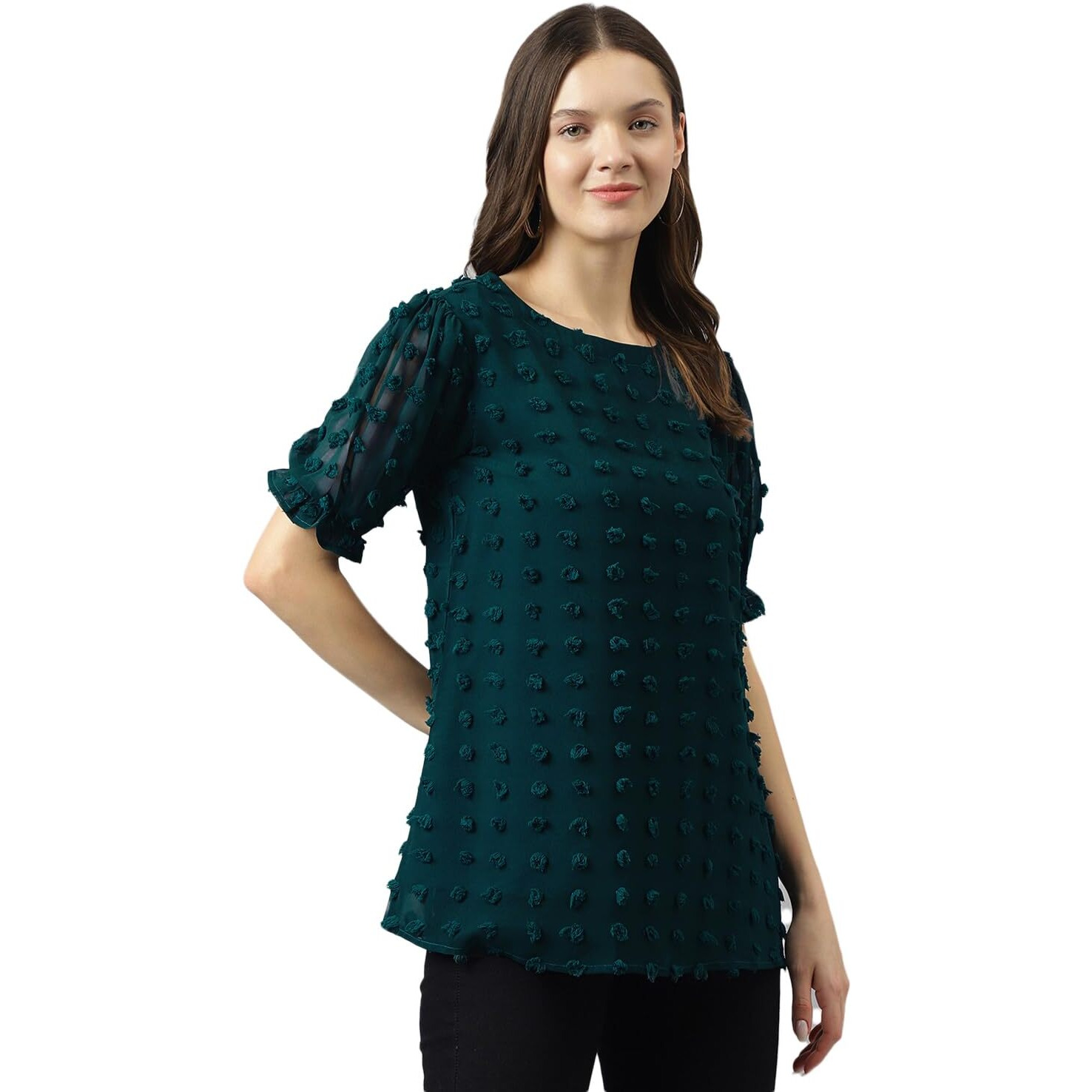 Toochki Women's Teal Blue Dobby Georgette Woven Straight Western Top | Winter Top | Western Top | Top For Women | Latest Women Top | Trendy Women Top