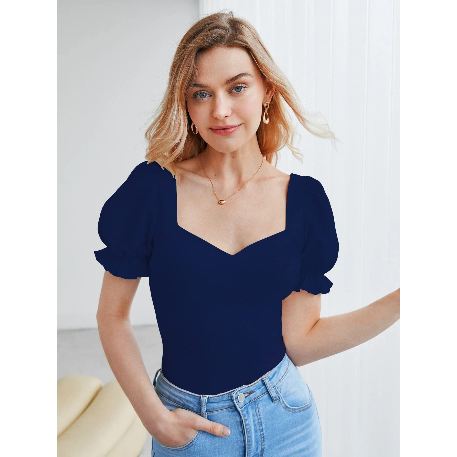 Shasmi Solid Slim Fit Women, Knit, Stylish Top, Soft And Comfy Fabric Has Some Stretch N Blue L