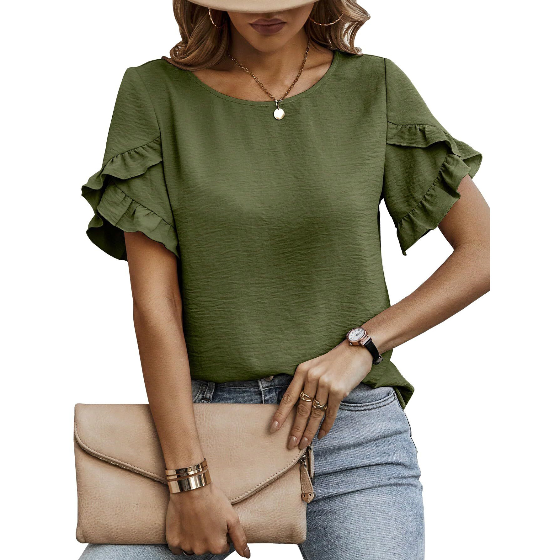 Sugathari Elegant Top, Women's Solid Petal Sleeve Round Neck Ruffle Trim Top Ii Tops For Women/Girls (Top 118 Mehandi-M)