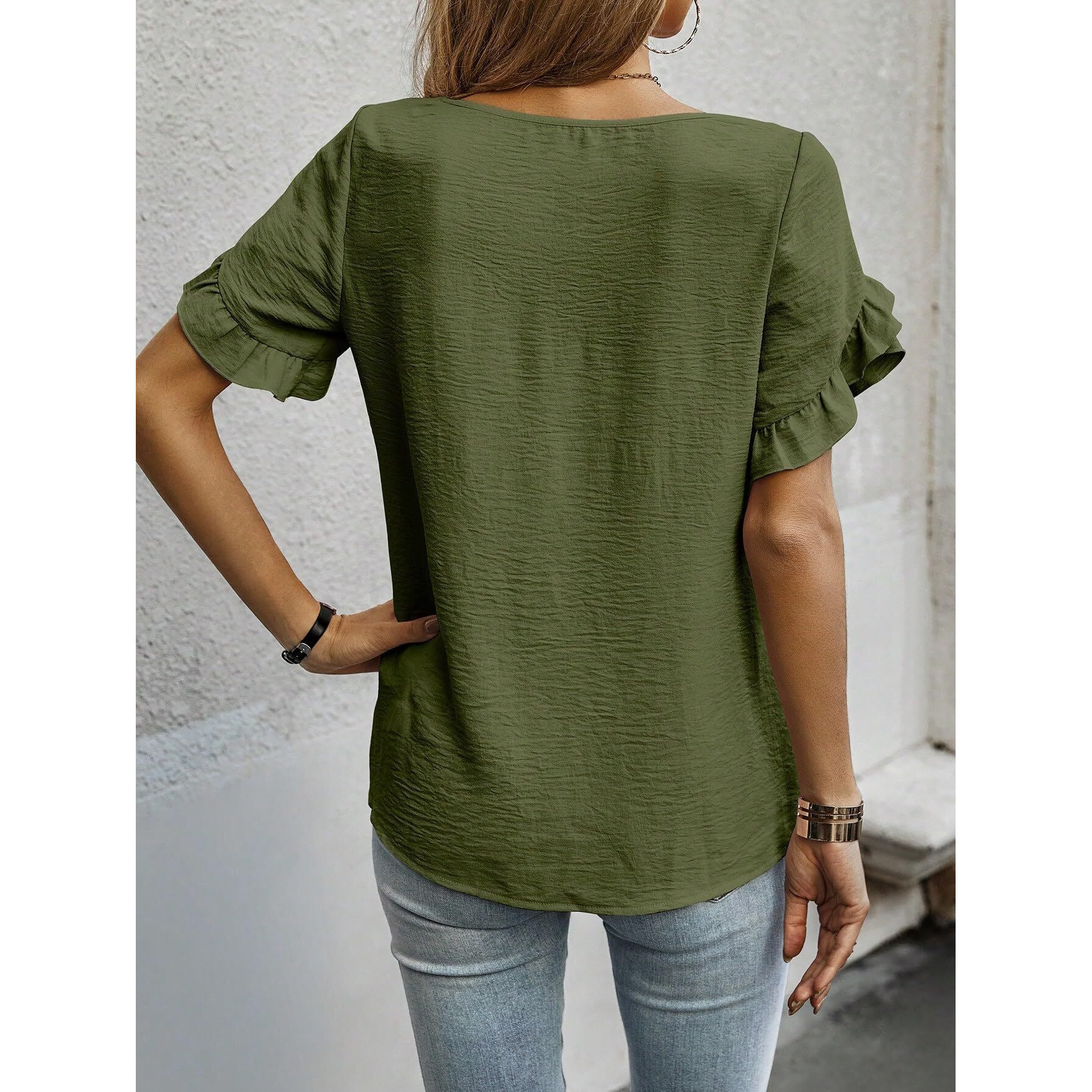 Sugathari Elegant Top, Women's Solid Petal Sleeve Round Neck Ruffle Trim Top Ii Tops For Women/Girls (Top 118 Mehandi-S)