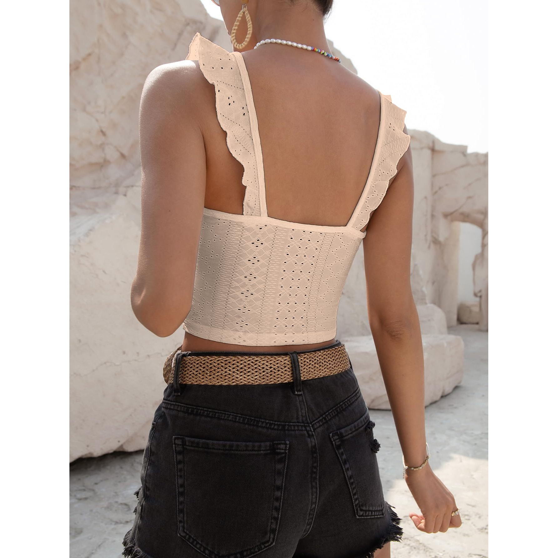 Sugathari Girl's & Women's Beige Eyelet Embroidery Knitted Scoop Neck Casual Slim Fit Women T-Shirt, Sleeveless Schiffli Crop Top, Solid Color Tee For Spring/Summer Outfits (Crop Top 196 Beige-Xl)