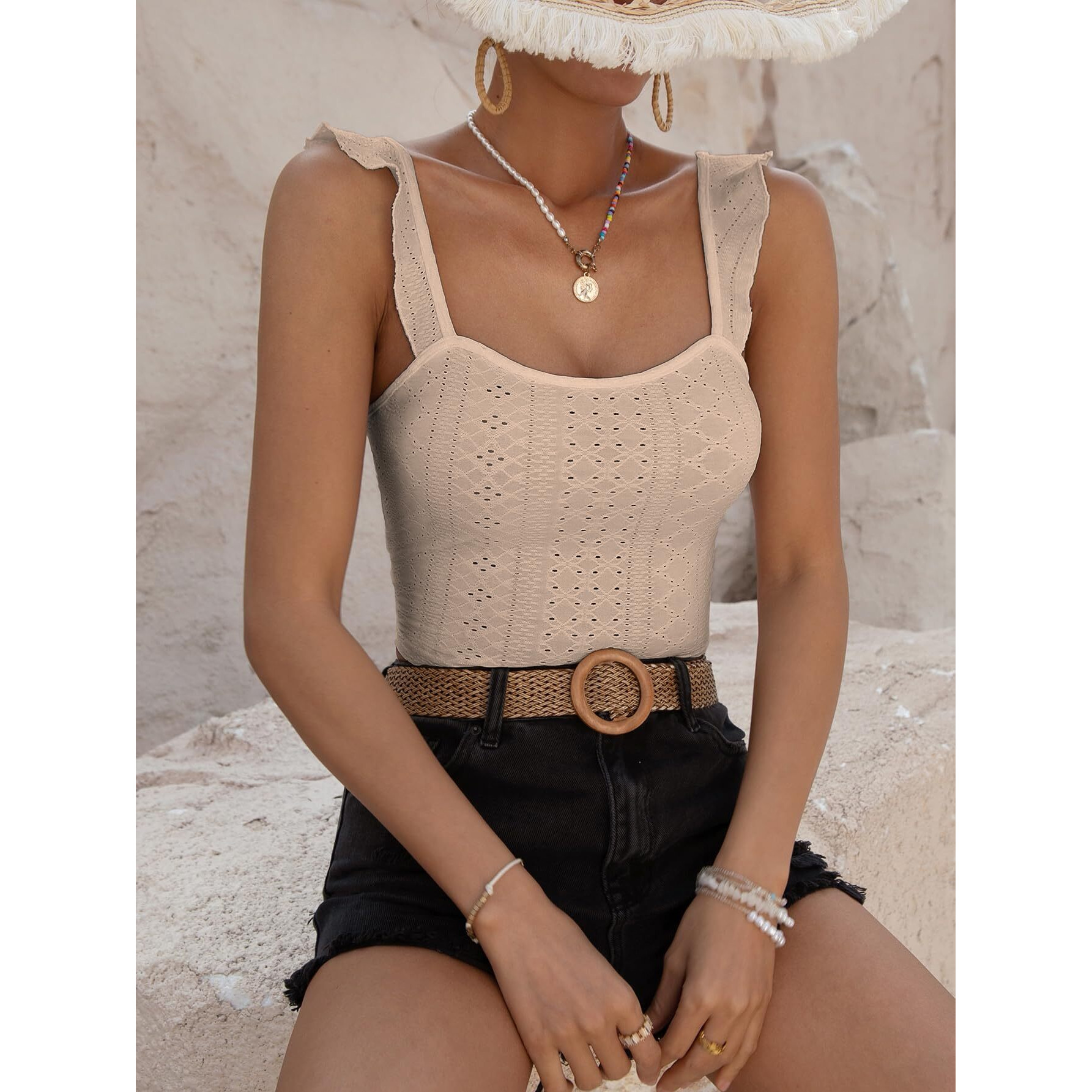 Sugathari Girl's & Women's Beige Eyelet Embroidery Knitted Scoop Neck Casual Slim Fit Women T-Shirt, Sleeveless Schiffli Crop Top, Solid Color Tee For Spring/Summer Outfits (Crop Top 196 Beige-Xl)