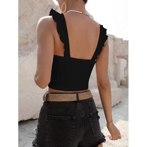 Sugathari Girl's & Women's Black Eyelet Embroidery Knitted Scoop Neck Casual Slim Fit Women T-Shirt, Sleeveless Schiffli Crop Top, Solid Color Tee For Spring/Summer Outfits (Crop Top 196 Black-L)