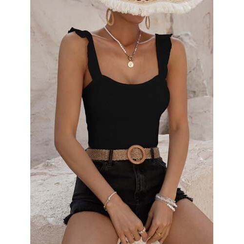 Sugathari Girl's & Women's Black Eyelet Embroidery Knitted Scoop Neck Casual Slim Fit Women T-Shirt, Sleeveless Schiffli Crop Top, Solid Color Tee For Spring/Summer Outfits (Crop Top 196 Black-L)