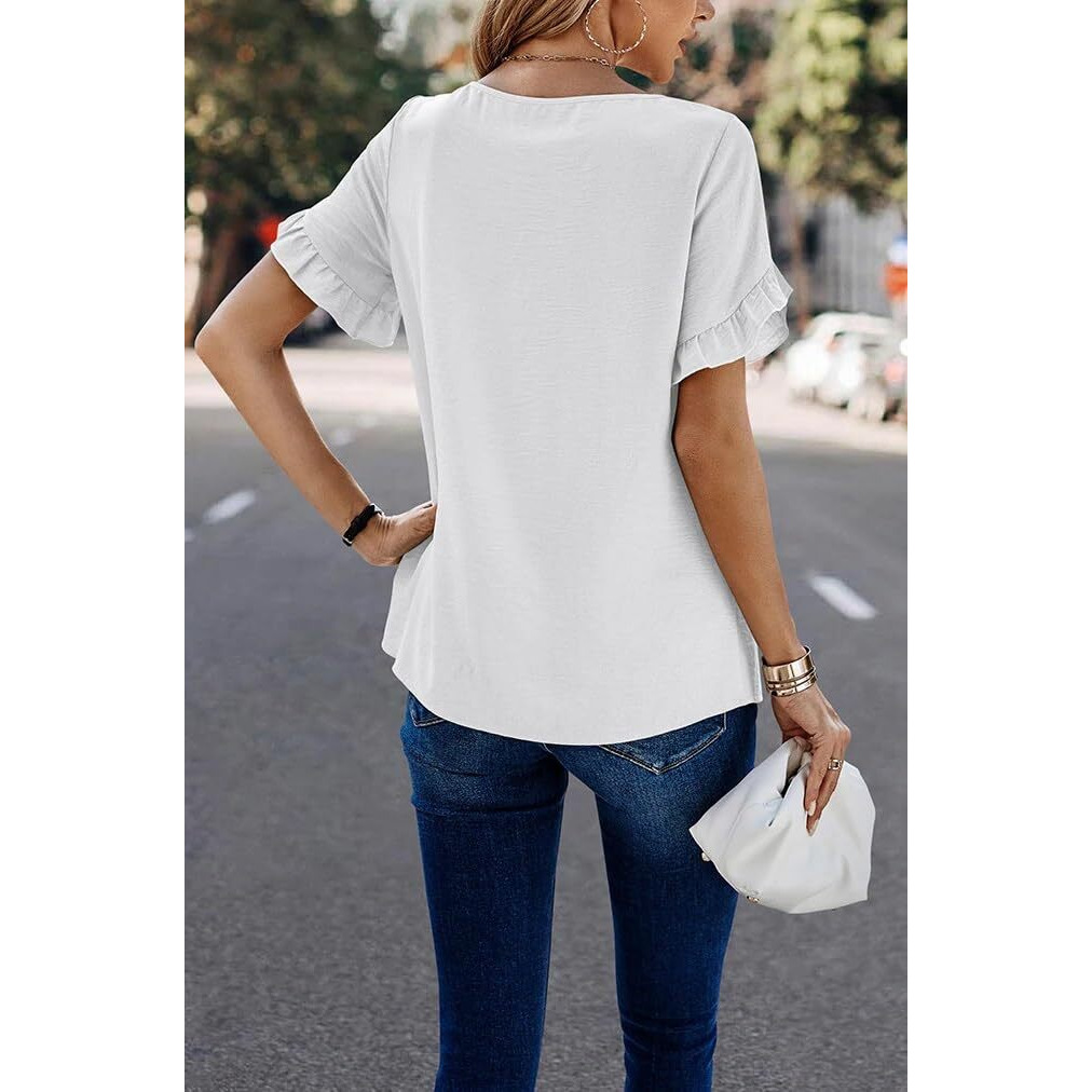 Sugathari Elegant Top, Women's Solid Petal Sleeve Round Neck Ruffle Trim Top Ii Tops For Women/Girls (Top 118 White-Xl)