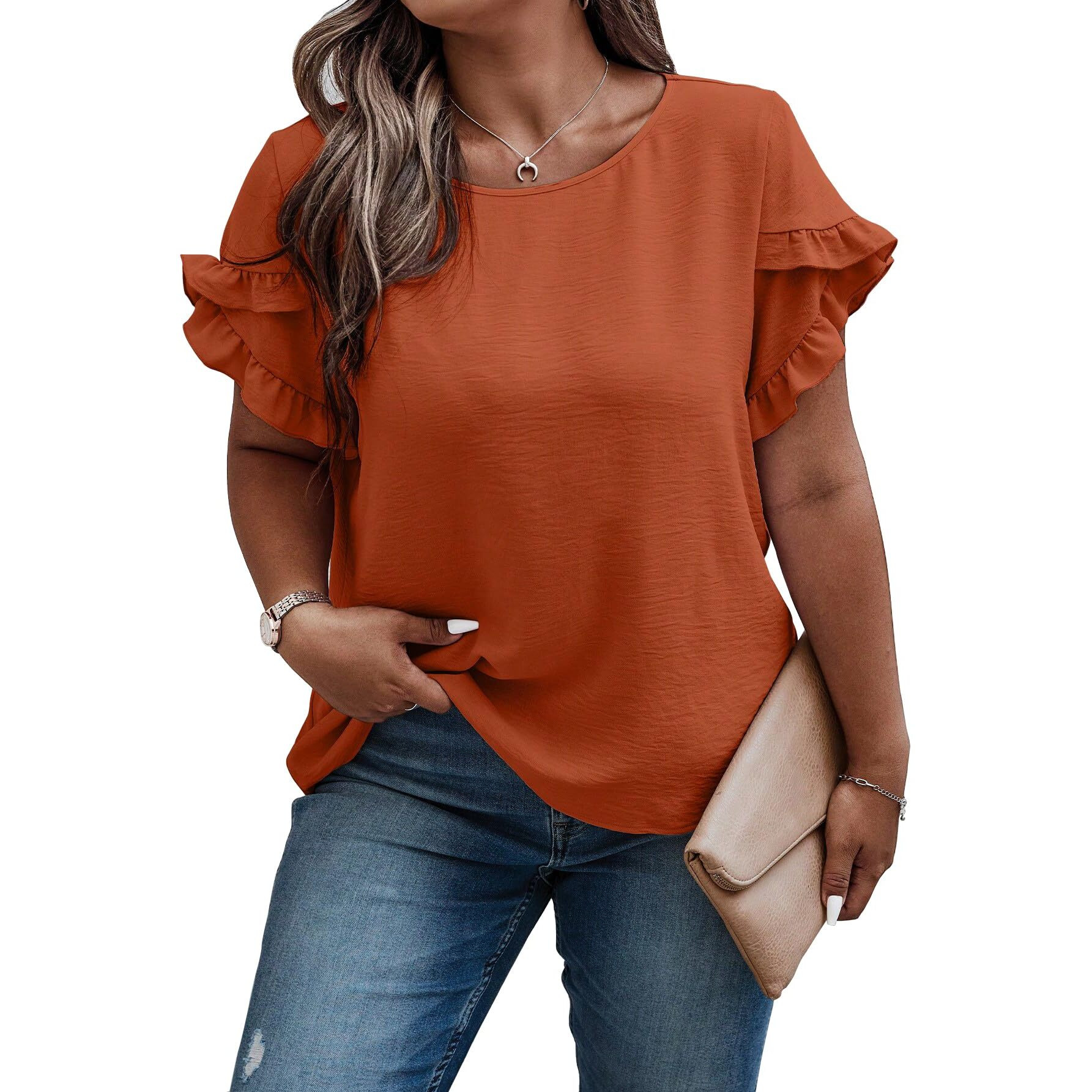Sugathari Elegant Top, Women's Solid Petal Sleeve Round Neck Ruffle Trim Top Ii Tops For Women/Girls (Top 118 Redwood-Xl)