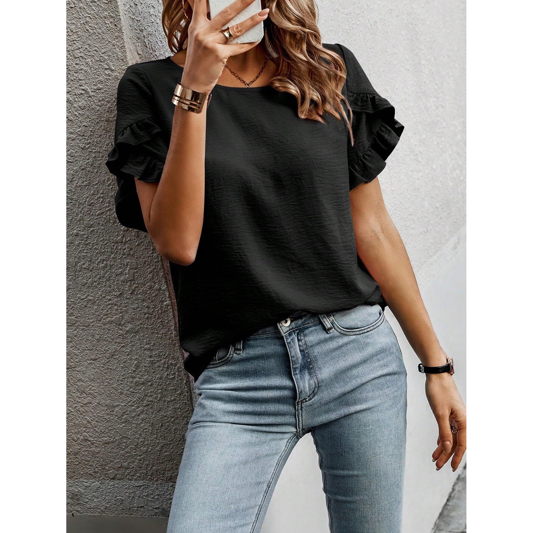 Sugathari Elegant Top, Women's Solid Petal Sleeve Round Neck Ruffle Trim Top Ii Tops For Women/Girls (Top 118 Black-2Xl)