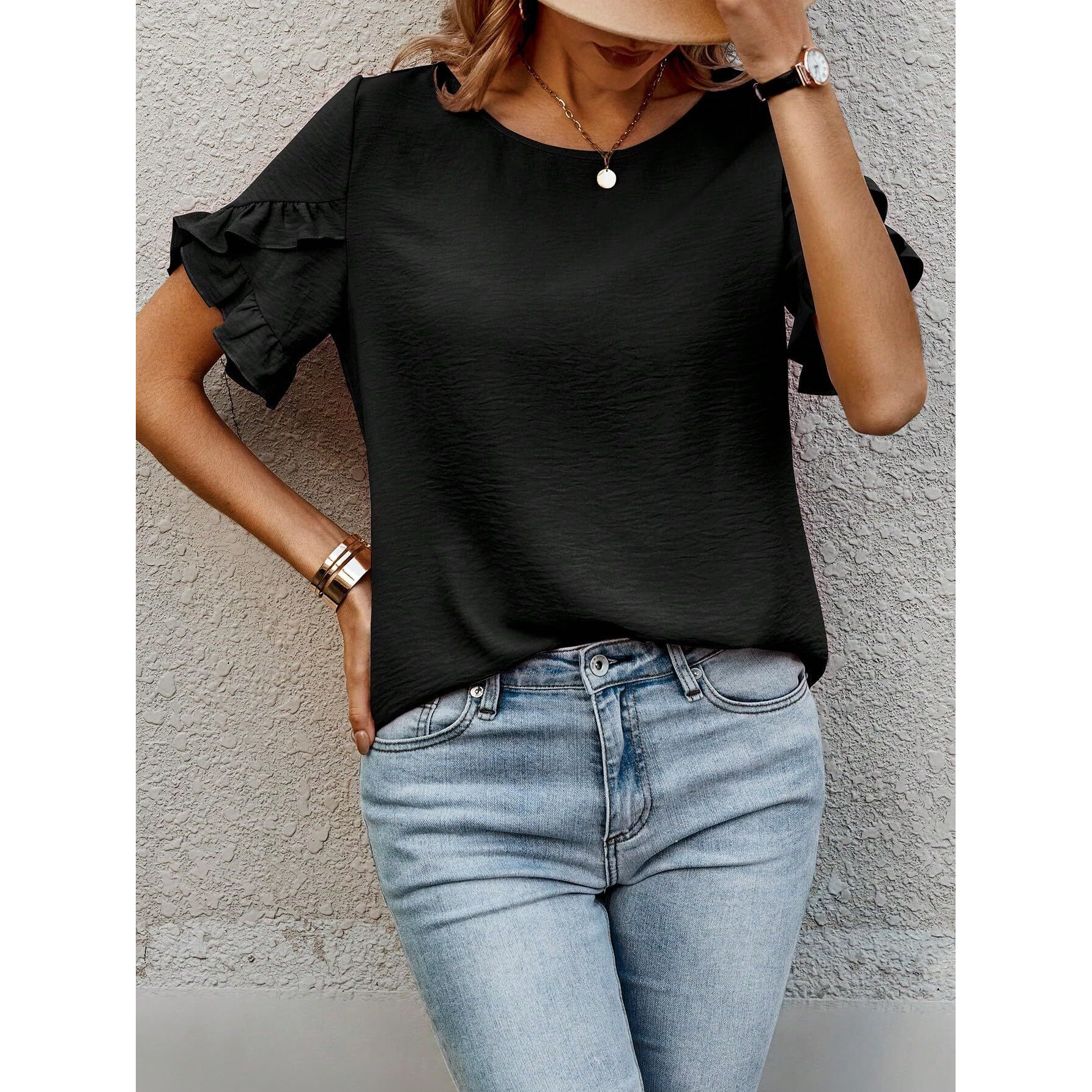 Sugathari Elegant Top, Women's Solid Petal Sleeve Round Neck Ruffle Trim Top Ii Tops For Women/Girls (Top 118 Black-Xl)