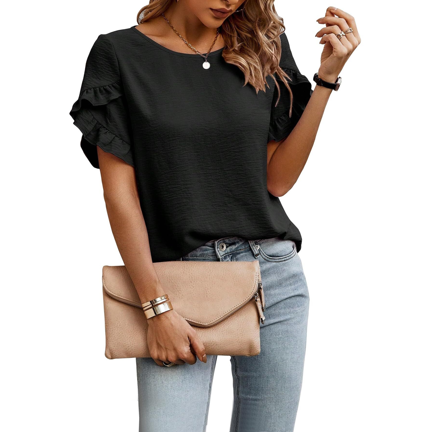 Sugathari Elegant Top, Women's Solid Petal Sleeve Round Neck Ruffle Trim Top Ii Tops For Women/Girls (Top 118 Black-S)