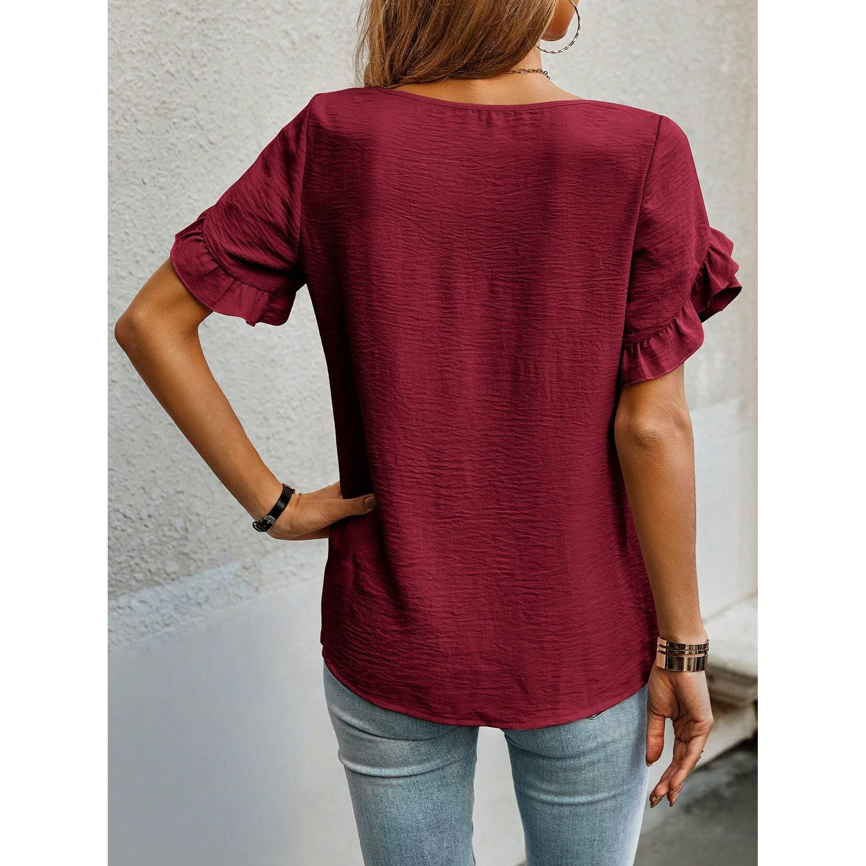 Sugathari Elegant Top, Women's Solid Petal Sleeve Round Neck Ruffle Trim Top Ii Tops For Women/Girls (Top 118 Maroon-S)