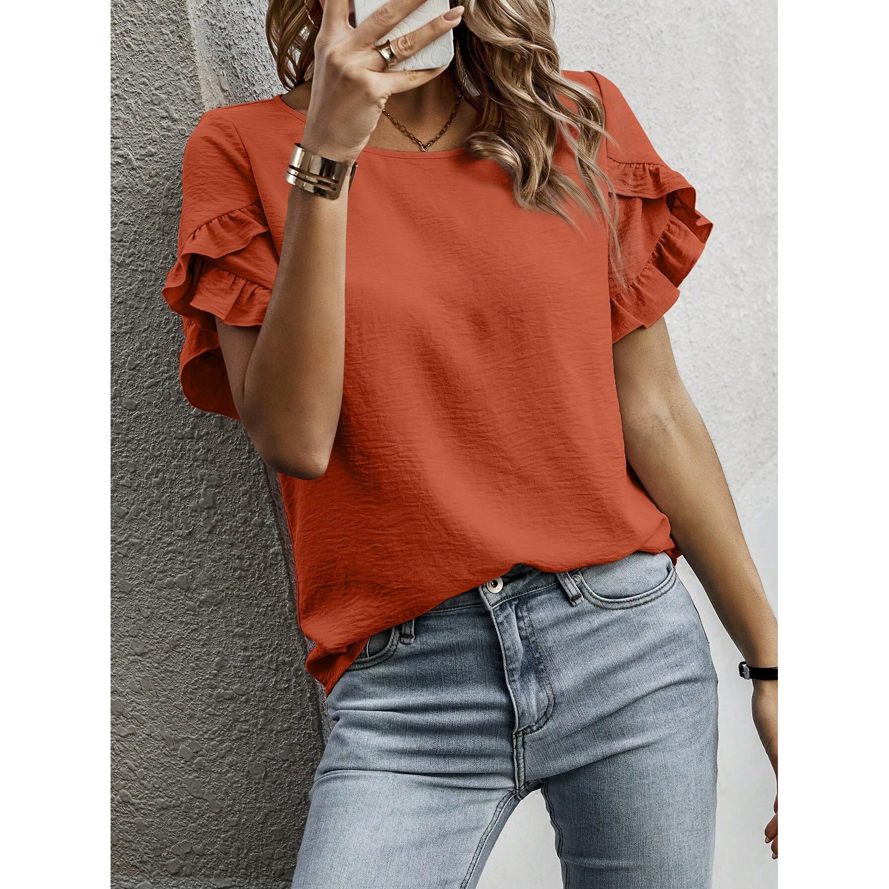 Sugathari Elegant Top, Women's Solid Petal Sleeve Round Neck Ruffle Trim Top Ii Tops For Women/Girls (Top 118 Redwood-M)