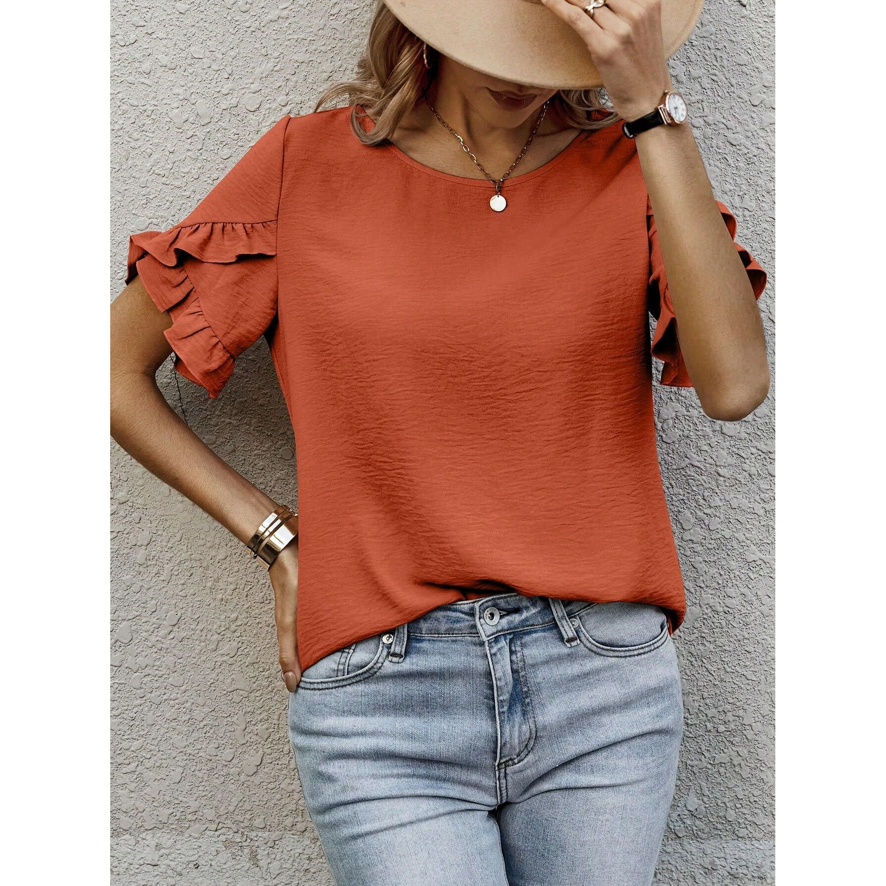 Sugathari Elegant Top, Women's Solid Petal Sleeve Round Neck Ruffle Trim Top Ii Tops For Women/Girls (Top 118 Redwood-M)