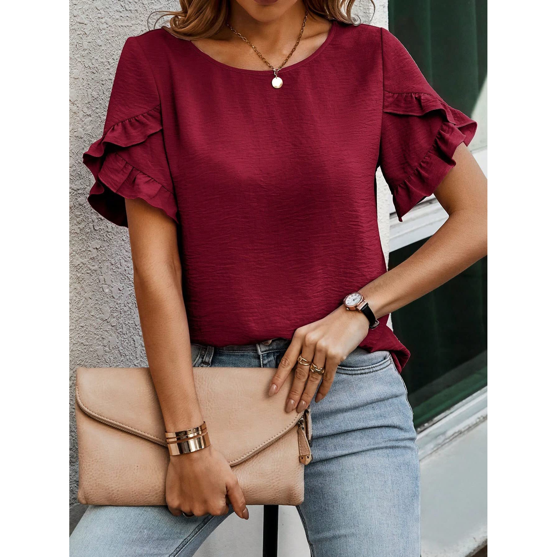 Sugathari Elegant Top, Women's Solid Petal Sleeve Round Neck Ruffle Trim Top Ii Tops For Women/Girls (Top 118 Maroon-Xl)