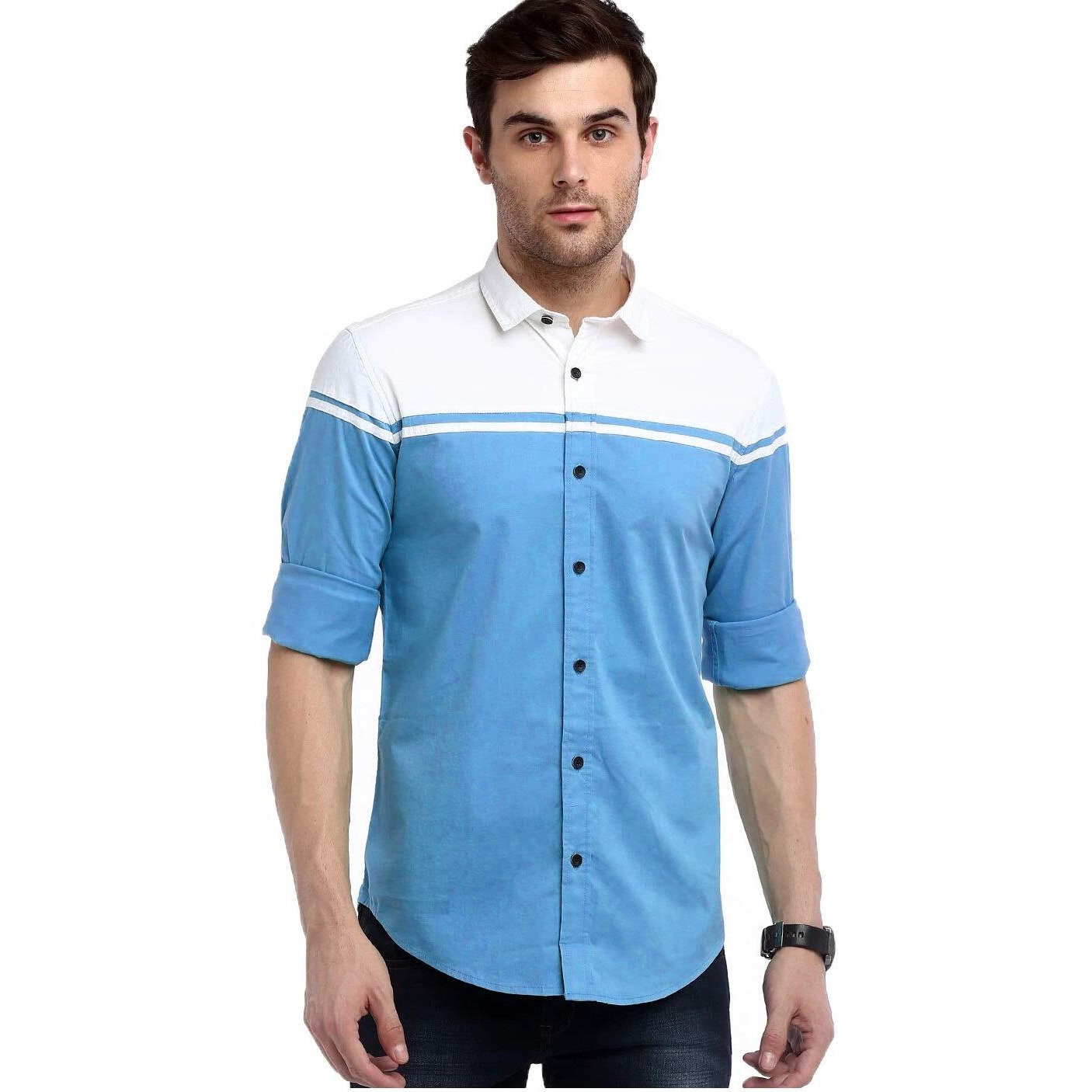 Indoprimo Men's Regular Fit Cotton Casual Shirt (White - Sky, Large)