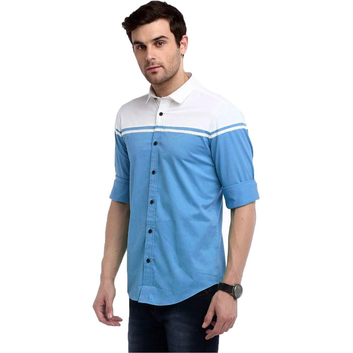 Indoprimo Men's Regular Fit Cotton Casual Shirt (White - Sky, Large)