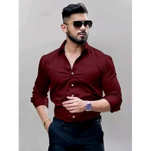 Indoprimo Men Cotton Regular Fit Formal || Stylish || Plain || Solid Shirt (X-Large, Maroon)