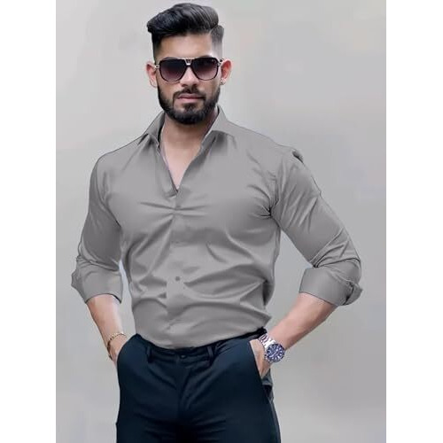 Indoprimo Formal Shirt For Men || Shirt For Men || Men Stylish Shirt || Men Plain Shirt || Men Solid Shirt (Large, Grey)