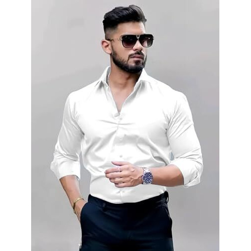 Indoprimo Men's Cotton Shirt With Spread Collar Neck Line Solid Pattern Full Sleeves Regular Fit And Standard Length White