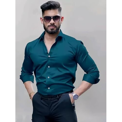 Indoprimo Men Cotton Formal Regular Fit Stylish Shirt || Plain Shirt || Solid Shirt (Small, Air Blue)