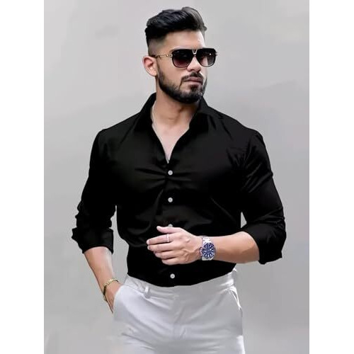 Indoprimo Men's Cotton Shirt With Spread Collar Neck Line Solid Pattern Full Sleeves Regular Fit And Standard Length Black