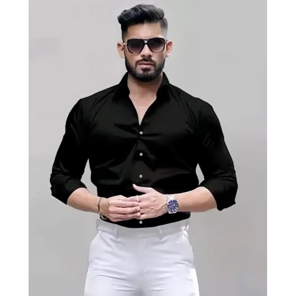 Indoprimo Men's Cotton Shirt With Spread Collar Neck Line Solid Pattern Full Sleeves Regular Fit And Standard Length Black