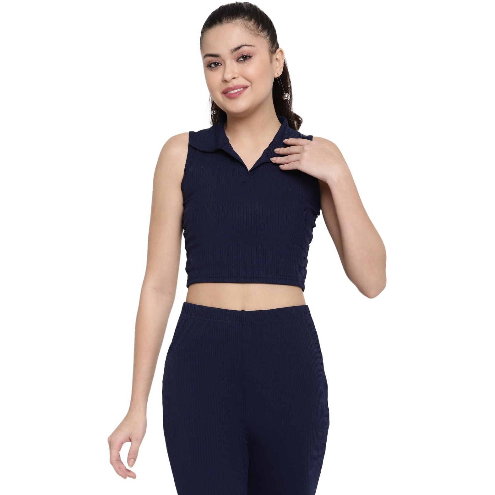 Avanova Women's & Girl's Solid Ribbed V-Neck Sleeveless Crop Tops For Women (Top 49 N Blue S)