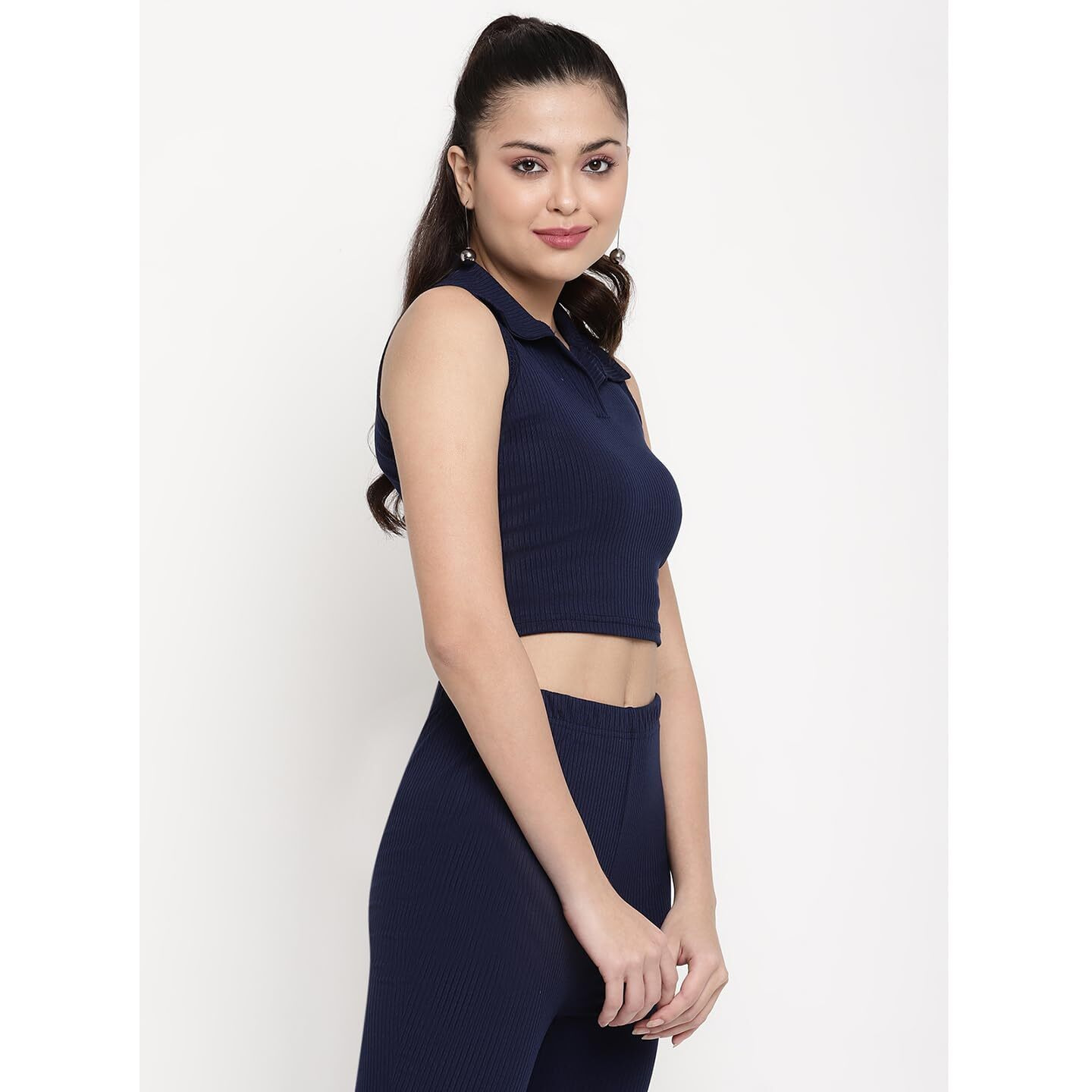 Avanova Women's & Girl's Solid Ribbed V-Neck Sleeveless Crop Tops For Women (Top 49 N Blue S)