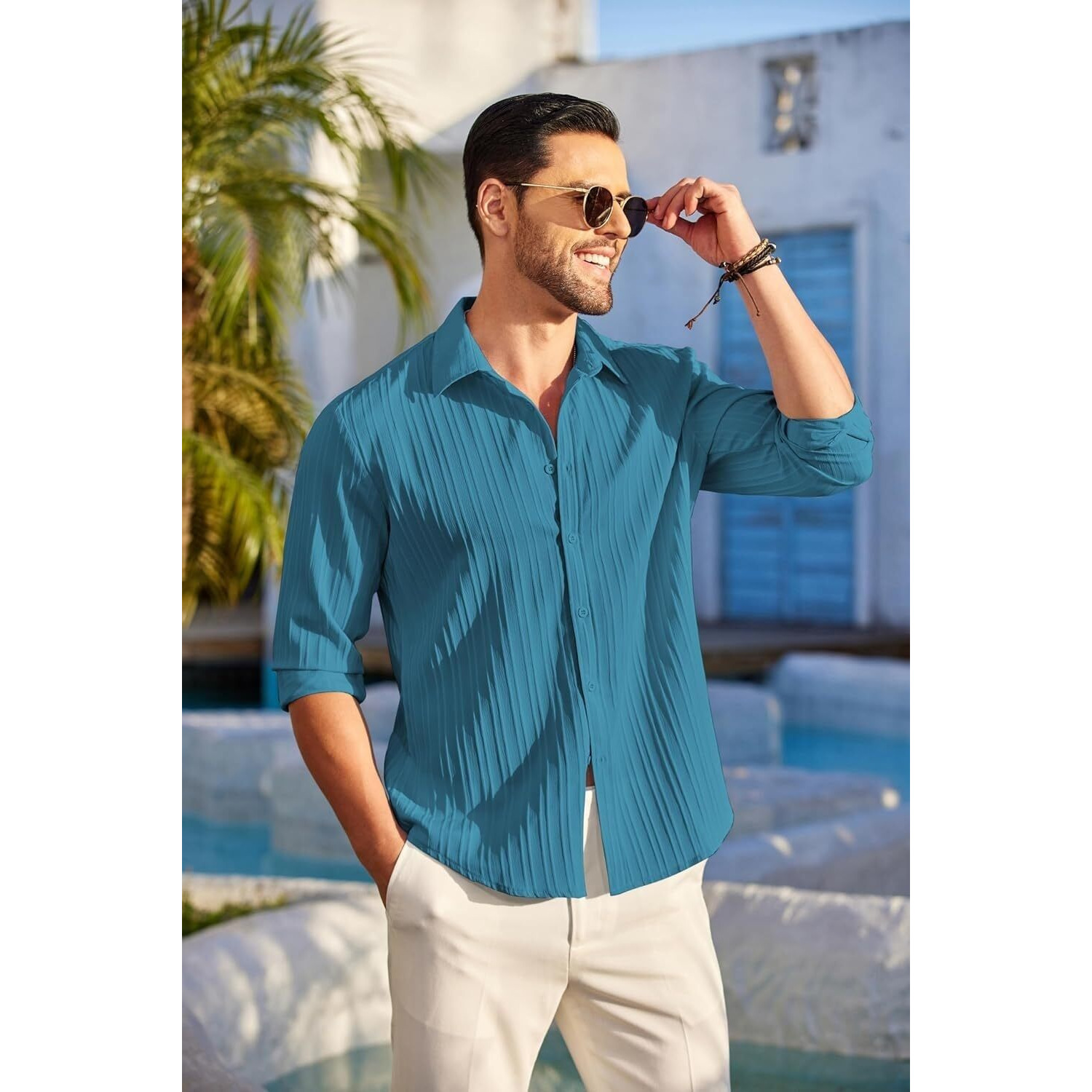 Deelmo Mens Regular Fit Solid Pattern Polyester Blend Shirt With Collared Neck Long Sleeve And Standard Length | Shirt For Man