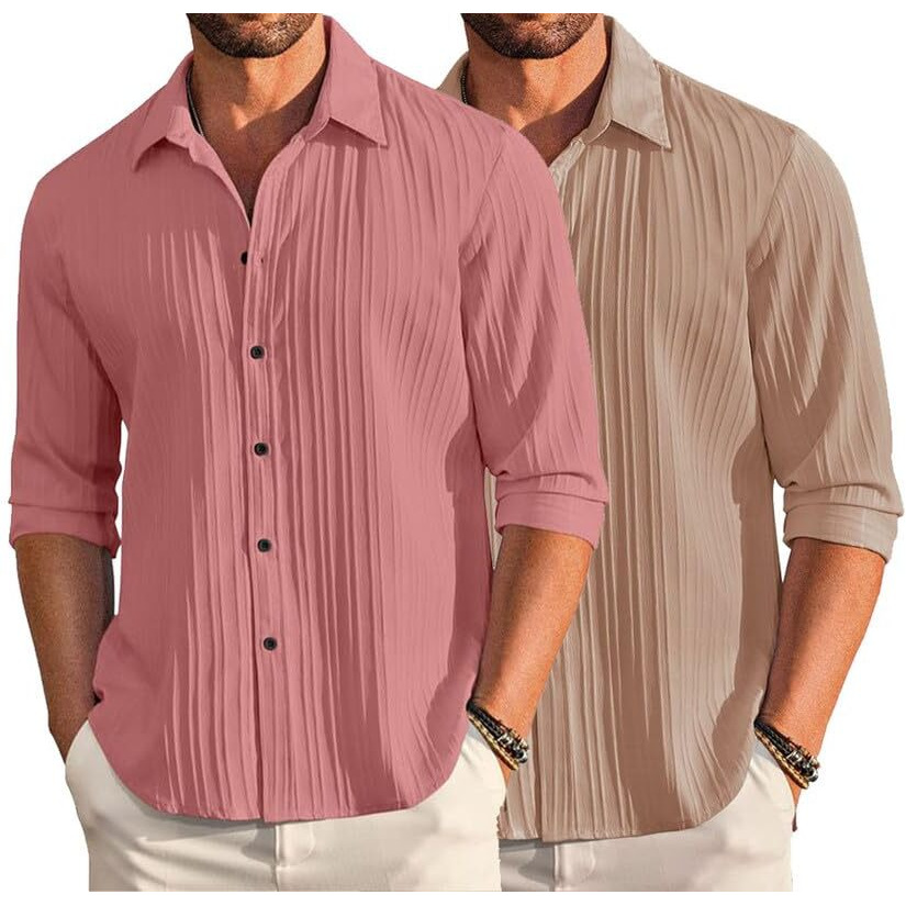 Deelmo Combo Of Mens Casual Button Down Shirts Long Sleeve Linen Shirt Fashion Textured Summer Shirts Pack Of 2