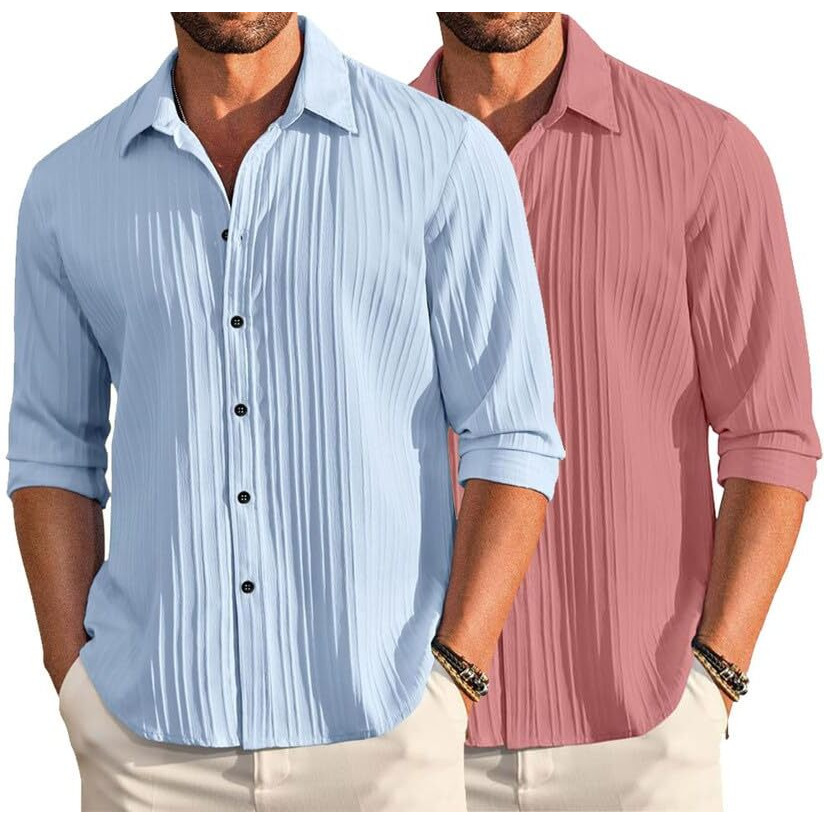 Deelmo Combo Of Mens Casual Button Down Shirts Long Sleeve Linen Shirt Fashion Textured Summer Shirts Pack Of 2