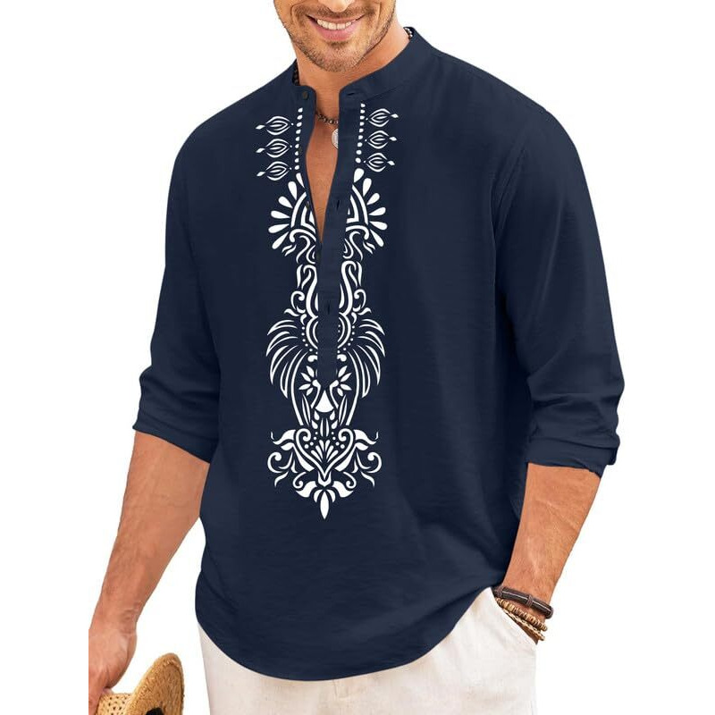 Finivo Fashion Mens Cotton Blend Short Kurta With Bold Printed Front Design | Full Sleeve Ethnic Casual Kurta With Mandarin Collar | Artistic Festival & Travel Wear For Modern Ethnic Style Navy