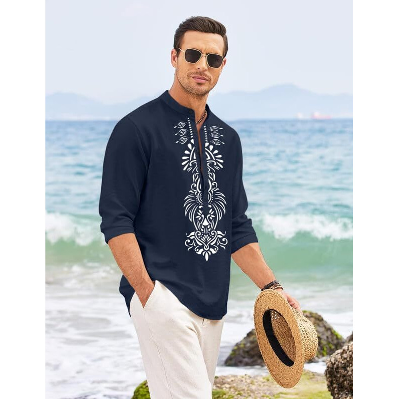 Finivo Fashion Mens Cotton Blend Short Kurta With Bold Printed Front Design | Full Sleeve Ethnic Casual Kurta With Mandarin Collar | Artistic Festival & Travel Wear For Modern Ethnic Style Navy