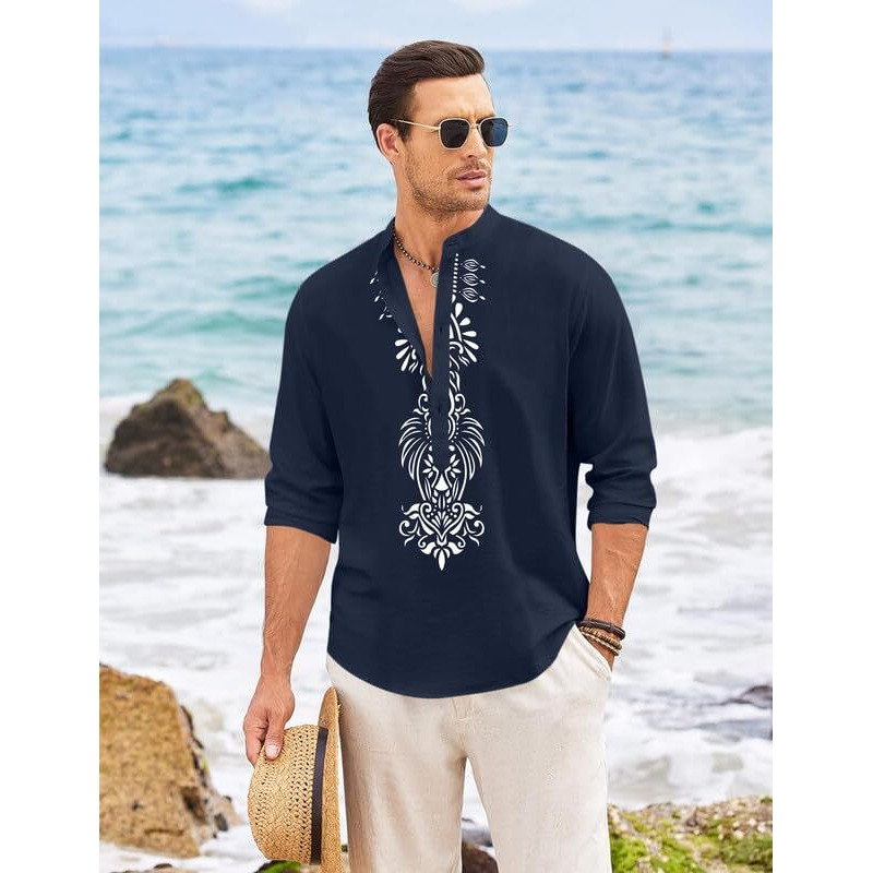 Finivo Fashion Mens Cotton Blend Short Kurta With Bold Printed Front Design | Full Sleeve Ethnic Casual Kurta With Mandarin Collar | Artistic Festival & Travel Wear For Modern Ethnic Style Navy