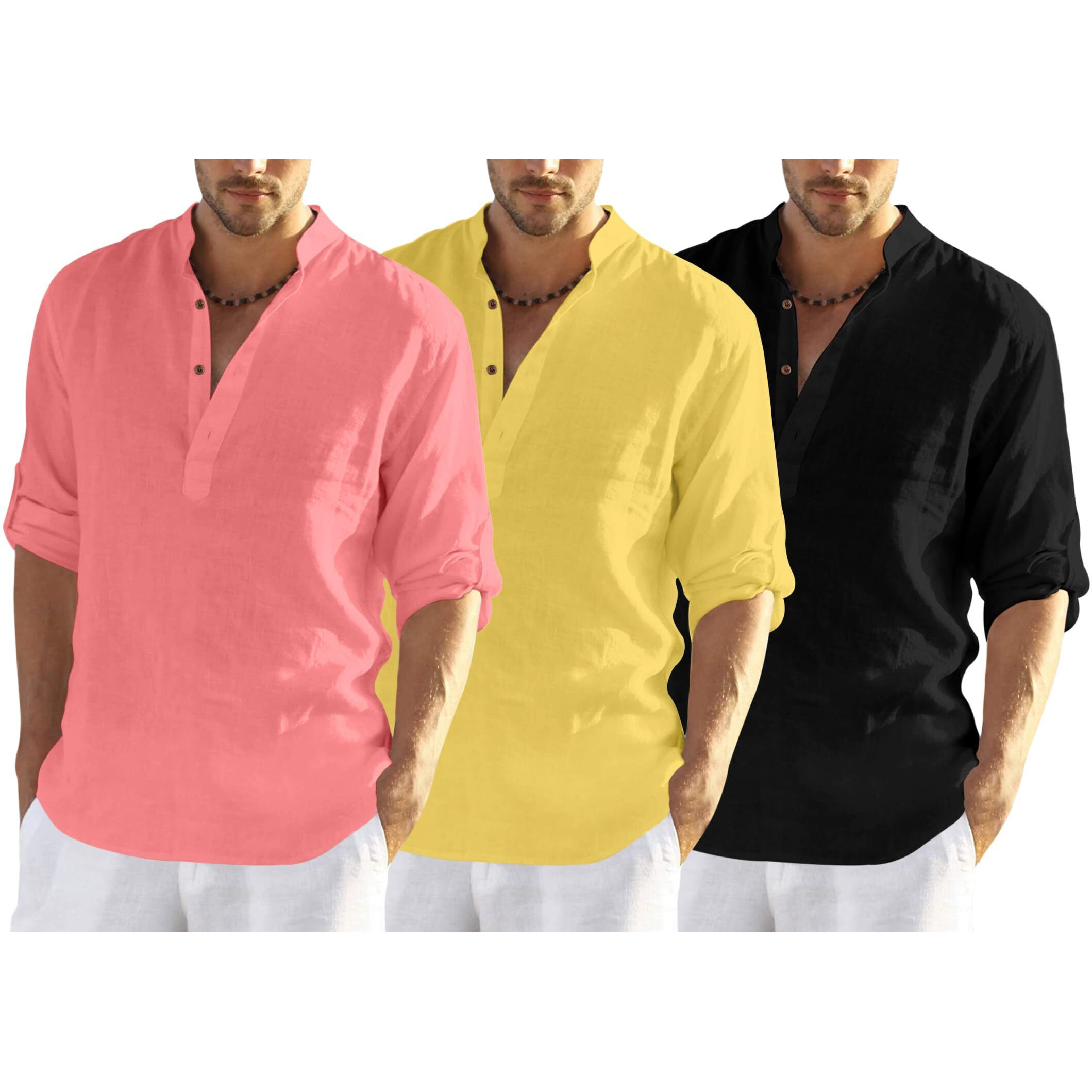 Zombom Mens Cotton Polyester Blend Regular Fit Solid Full Sleeve Kurta Shirt, 2Xl, Multicolor, Combo Pack Of 3